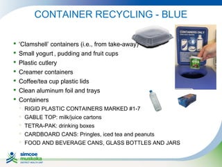 CONTAINER RECYCLING - BLUE








‘Clamshell’ containers (i.e., from take-away)
Small yogurt , pudding and fruit cups
Plastic cutlery
Creamer containers
Coffee/tea cup plastic lids
Clean aluminum foil and trays
Containers
 RIGID PLASTIC CONTAINERS MARKED #1-7
 GABLE TOP: milk/juice cartons
 TETRA-PAK: drinking boxes
 CARDBOARD CANS: Pringles, iced tea and peanuts
 FOOD AND BEVERAGE CANS, GLASS BOTTLES AND JARS

 