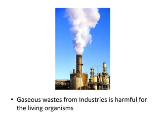 • Gaseous wastes from Industries is harmful for
the living organisms

 