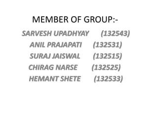 MEMBER OF GROUP:-
SARVESH UPADHYAY (132543)
ANIL PRAJAPATI (132531)
SURAJ JAISWAL (132515)
CHIRAG NARSE (132525)
HEMANT SHETE (132533)
 