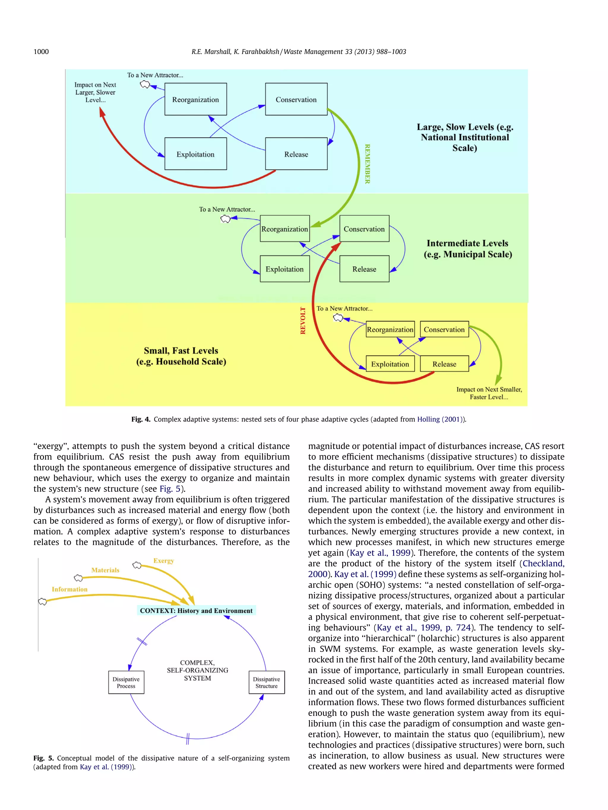 1000

R.E. Marshall, K. Farahbakhsh / Waste Management 33 (2013) 988–1003

Fig. 4. Complex adaptive systems: nested sets of four phase adaptive cycles (adapted from Holling (2001)).

‘‘exergy’’, attempts to push the system beyond a critical distance
from equilibrium. CAS resist the push away from equilibrium
through the spontaneous emergence of dissipative structures and
new behaviour, which uses the exergy to organize and maintain
the system’s new structure (see Fig. 5).
A system’s movement away from equilibrium is often triggered
by disturbances such as increased material and energy ﬂow (both
can be considered as forms of exergy), or ﬂow of disruptive information. A complex adaptive system’s response to disturbances
relates to the magnitude of the disturbances. Therefore, as the

Fig. 5. Conceptual model of the dissipative nature of a self-organizing system
(adapted from Kay et al. (1999)).

magnitude or potential impact of disturbances increase, CAS resort
to more efﬁcient mechanisms (dissipative structures) to dissipate
the disturbance and return to equilibrium. Over time this process
results in more complex dynamic systems with greater diversity
and increased ability to withstand movement away from equilibrium. The particular manifestation of the dissipative structures is
dependent upon the context (i.e. the history and environment in
which the system is embedded), the available exergy and other disturbances. Newly emerging structures provide a new context, in
which new processes manifest, in which new structures emerge
yet again (Kay et al., 1999). Therefore, the contents of the system
are the product of the history of the system itself (Checkland,
2000). Kay et al. (1999) deﬁne these systems as self-organizing holarchic open (SOHO) systems: ‘‘a nested constellation of self-organizing dissipative process/structures, organized about a particular
set of sources of exergy, materials, and information, embedded in
a physical environment, that give rise to coherent self-perpetuating behaviours’’ (Kay et al., 1999, p. 724). The tendency to selforganize into ‘‘hierarchical’’ (holarchic) structures is also apparent
in SWM systems. For example, as waste generation levels skyrocked in the ﬁrst half of the 20th century, land availability became
an issue of importance, particularly in small European countries.
Increased solid waste quantities acted as increased material ﬂow
in and out of the system, and land availability acted as disruptive
information ﬂows. These two ﬂows formed disturbances sufﬁcient
enough to push the waste generation system away from its equilibrium (in this case the paradigm of consumption and waste generation). However, to maintain the status quo (equilibrium), new
technologies and practices (dissipative structures) were born, such
as incineration, to allow business as usual. New structures were
created as new workers were hired and departments were formed

 