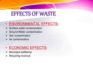 • ENVIRONMENTAL EFFECTS:
 Surface water contamination
 Ground Water contamination
 Soil contamination
 Air contamination
• ECONOMIC EFFECTS:
 Municipal wellbeing
 Recycling revenue
 