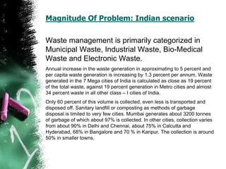 Magnitude Of Problem: Indian scenario
Waste management is primarily categorized in
Municipal Waste, Industrial Waste, Bio-Medical
Waste and Electronic Waste.
Annual increase in the waste generation in approximating to 5 percent and
per capita waste generation is increasing by 1.3 percent per annum. Waste
generated in the 7 Mega cities of India is calculated as close as 19 percent
of the total waste, against 19 percent generation in Metro cities and almost
34 percent waste in all other class – I cities of India.
Only 60 percent of this volume is collected, even less is transported and
disposed off. Sanitary landfill or composting as methods of garbage
disposal is limited to very few cities. Mumbai generates about 3200 tonnes
of garbage of which about 97% is collected. In other cities, collection varies
from about 90% in Delhi and Chennai, about 75% in Calcutta and
Hyderabad, 68% in Bangalore and 70 % in Kanpur. The collection is around
50% in smaller towns.
 