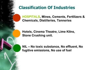• HOSPITALS, Mines, Cements, Fertilizers &
Chemicals, Distilleries, Tanneries
• Hotels, Cinema Theatre, Lime Kilns,
Stone Crushing unit.
• NIL – No toxic substance, No effluent, No
fugitive emissions, No use of fuel
Classification Of Industries
 