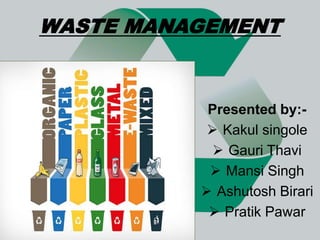 WASTE MANAGEMENT
Presented by:-
 Kakul singole
 Gauri Thavi
 Mansi Singh
 Ashutosh Birari
 Pratik Pawar
 