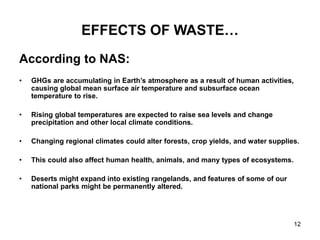 12
EFFECTS OF WASTE…
According to NAS:
• GHGs are accumulating in Earth’s atmosphere as a result of human activities,
causing global mean surface air temperature and subsurface ocean
temperature to rise.
• Rising global temperatures are expected to raise sea levels and change
precipitation and other local climate conditions.
• Changing regional climates could alter forests, crop yields, and water supplies.
• This could also affect human health, animals, and many types of ecosystems.
• Deserts might expand into existing rangelands, and features of some of our
national parks might be permanently altered.
 