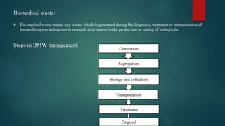 Biomedical waste:
 Bio-medical waste means any waste, which is generated during the diagnosis, treatment or immunization of
human beings or animals or in research activities or in the production or testing of biologicals.
Steps in BMW management:
Generation
Segregation
Storage and collection
Transportation
Treatment
Disposal
 