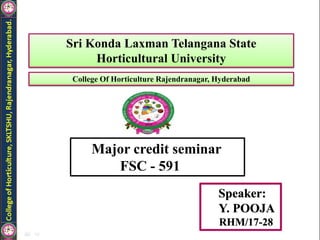Speaker:
Y. POOJA
RHM/17-28
Sri Konda Laxman Telangana State
Horticultural University
College Of Horticulture Rajendranagar, Hyderabad
Major credit seminar
FSC - 591
 