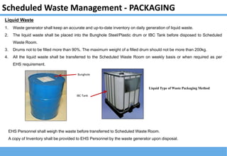 Scheduled Waste Management - PACKAGING
Bunghole
IBC Tank
Liquid Waste
1. Waste generator shall keep an accurate and up-to-date inventory on daily generation of liquid waste.
2. The liquid waste shall be placed into the Bunghole Steel/Plastic drum or IBC Tank before disposed to Scheduled
Waste Room.
3. Drums not to be filled more than 90%. The maximum weight of a filled drum should not be more than 200kg.
4. All the liquid waste shall be transferred to the Scheduled Waste Room on weekly basis or when required as per
EHS requirement.
Liquid Type of Waste Packaging Method
EHS Personnel shall weigh the waste before transferred to Scheduled Waste Room.
A copy of Inventory shall be provided to EHS Personnel by the waste generator upon disposal.
 