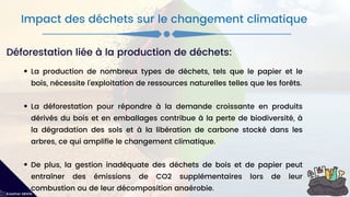 La production de nombreux types de déchets, tels que le papier et le
bois, nécessite l'exploitation de ressources naturelles telles que les forêts.
La déforestation pour répondre à la demande croissante en produits
dérivés du bois et en emballages contribue à la perte de biodiversité, à
la dégradation des sols et à la libération de carbone stocké dans les
arbres, ce qui amplifie le changement climatique.
De plus, la gestion inadéquate des déchets de bois et de papier peut
entraîner des émissions de CO2 supplémentaires lors de leur
combustion ou de leur décomposition anaérobie.
Impact des déchets sur le changement climatique
Kawther MEKNI
Déforestation liée à la production de déchets:
 