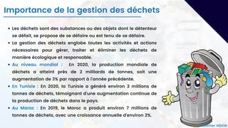 Les déchets sont des substances ou des objets dont le détenteur
se défait, se propose de se défaire ou est tenu de se défaire.
La gestion des déchets englobe toutes les activités et actions
nécessaires pour gérer, traiter et éliminer les déchets de
manière écologique et responsable.
Au niveau mondial : En 2020, la production mondiale de
déchets a atteint près de 2 milliards de tonnes, soit une
augmentation de 3% par rapport à l'année précédente.
En Tunisie : En 2020, la Tunisie a généré environ 3 millions de
tonnes de déchets, témoignant d'une augmentation continue de
la production de déchets dans le pays.
Au Maroc : En 2019, le Maroc a produit environ 7 millions de
tonnes de déchets, avec une croissance annuelle d'environ 2%.
Importance de la gestion des déchets
Kawther MEKNI
 