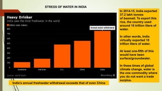 India’s annual freshwater withdrawal exceeds that of even China
In 2014-15, India exported
37.2 lakh tonnes
of basmati. To export this
rice, the country used
around 10 trillion liters of
water.
In other words, India
virtually exported 10
trillion liters of water.
At least one-fifth of this
would have been
surface/groundwater.
In these times of global
climate change, water is
the one commodity where
you do not want a trade
surplus.
STRESS OF WATER IN INDIA
 