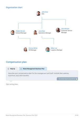 Organization chart
John Doe
CEO
Robert Brown
General Manager
Jane Doe
Operations Manager
Alice Brown
Customer Service
Manager
Emma White
HR Manager
Mike Lee
Logistics Manager
End of interactive chart.
Compensation plan
Start writing here..
Describe your compensation plan for the management and staff. Include their salaries,
incentives, and other benefits.
To unlock help try Upmetrics! 
 Help tip  Waste Management Business Plan
Waste Management Business Plan | Business Plan 2023 33/49
 