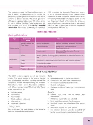 Waste to Resources
15
The projections made by Planning Commission as
well as Ministry of Power upto 2031–32 indicate that
two-third of power generation in the country would
continue to depend on coal. The annual generation
of ﬂy ash is expected to be around 225 million tonnes
by end of XII Five Year Plan Period and around 500
million tonnes by 2031–32. The Fly Ash Utilization
Notiﬁcation was issued by Ministry in September
1999 to regulate the disposal of ﬂy ash and ensure
its proper utilization. Restriction was imposed to the
extent that all brick kilns within the radius of 50 Kms
from coal/lignite based thermal power plants should
use 25 per cent ﬂyash while making the bricks. A
second Notiﬁcation making amendments was issued
in August, 2003 increasing the radius from the thermal
power plants to 100 kms. [7]
Type Components of
Waste
Process
Biodegradable
Kitchen, Garden and
Food Waste
Biological Treatment Aerobic processes, Anaerobic processes
Thermal treatment Incinerations, Pyrolysis systems,
Gasiﬁcation systems
Transformation Mechanical Transformation, Thermal
Transformation
Recyclable
Plastic
RDF
Paper Dissolution, Screening, De-inking, Sterilization and bleaching process
Glass Vitriﬁcation Technology
Inert
Sand
The MSW contains organic as well as inorganic
matter. The latent energy of its organic fraction
can be recovered for gainful utilization through the
adoption of suitable waste processing and treatment
technologies. Table 1 shows the process associated
with different components of Municipal Solid Waste.
A few options could be:
Sanitary landﬁll
Incineration
Gasiﬁcation
Biodegradation processes
Composting
Anaerobic digestion
Sanitary Landﬁll
Landﬁll implying the ﬁnal disposal of the MSW on
land has several merits and demerits.
Merits
Reduces emission of methane and toxics
Lowers land and water table contamination
Reduces menace of birds and rodents
Controls ﬁre hazards
Curbs the problem of bad odour in the inhabited
area
Demerits
Involves high initial cost of design and
commitment
Public may object to the site selected
Emits obnoxious gases in the atmosphere
Results in a loss of real estate value of the nearby
areas
Pressure of rodents and birds remains
Site selection depends upon the availability of
land at economically transportable distances.
Technology Factsheet
Municipal Solid Waste
Table 1: Municipal Solid Waste
 