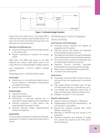 Waste to Resources
25
Capital cost: The capital cost is in the range of `2–4
million per MLD capacity. Approximately 55 per cent
cost is of civil works and remaining 45 per cent is for
electrical and mechanical works
Operation and Maintenance
Careful monitoring and control of sludge quantity
in the aeration tank
Regular maintenance of aeration and recycle
system
collected from various Indian plants varies in the
range of ` 0.3–0.5 million/year/MLD installed capacity
Land Requirement: 0.15–0.25 ha/MLD installed
capacity
Energy Requirement: 180–225 Kwh/ML treated
Advantages
Performance is not signiﬁcantly affected due to
normal variations in wastewater characteristics
and seasonal changes.
Less land requirements
Disadvantages
High recurring cost
High energy consumption
Performance is adversely affected due to
interruptioninpowersupplyevenforashortperiod
Foaming, particularly in winter season, may
adversely affect the oxygen transfer
Requires elaborate sludge digestion/drying/
disposal arrangement
Applicability
The most widely used option for treatment of domestic
wastewater for medium to large towns where land is
scarce.
BIOFOR (Biological, Filtration & Oxygenated
Reactor) Technology
Key Features of the Technology
Enhanced primary treatment with addition of
coagulants and ﬂocculants
High rate primary tube settlers and integrated
thickening offering space economy
Two stage high rate ﬁltration through a biologically
active media and with enhanced external aeration
Co-current up ﬂow movement of wastewater and
air enable higher retention and contact
Treatment scheme excluding secondary
sedimentation but recycling of primary sludge
Deep reactors enabling lowland requirements
A compact and robust system
Performance
Suspended solids and BOD removal of 90 per
cent and 70 per cent respectively in the primary
clariﬁer
High quality efﬂuent with BOD under 10 mg/L
and total system efﬁciency of 94–99.9 per cent
Low turbidity with suspended solids under 15
mg/L and total system efﬁciency of 98 per cent
Pathogen removal of 2 on the log scale
Speciﬁc requirements
Special and patented granular ﬁlter media
Backwash of BIOFOR bed and recycle of the
wastewater
Influent Aeration
tank
Returned sludge
Secondary
clarifier
Effluent
Excess sludge
Figure 11: Activated Sludge Treatment
 