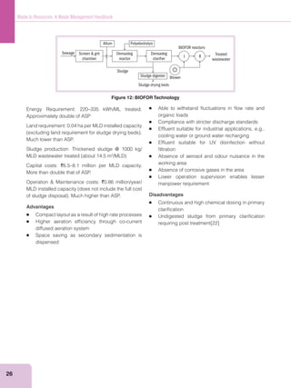 26
Waste to Resources: A Waste Management Handbook
Energy Requirement: 220–335 kWh/ML treated.
Approximately double of ASP
Land requirement: 0.04 ha per MLD installed capacity
Much lower than ASP.
Sludge production: Thickened sludge @ 1000 kg/
3
Capital costs: `6.5–8.1 million per MLD capacity.
More than double that of ASP.
`0.86 million/year/
Advantages
Compact layout as a result of high rate processes
Higher aeration efﬁciency through co-current
diffused aeration system
Space saving as secondary sedimentation is
dispensed
Able to withstand ﬂuctuations in ﬂow rate and
organic loads
Compliance with stricter discharge standards
Efﬂuent suitable for industrial applications, e.g.,
cooling water or ground water recharging
Efﬂuent suitable for UV disinfection without
ﬁltration
Absence of aerosol and odour nuisance in the
working area
Absence of corrosive gases in the area
Lower operation supervision enables lesser
manpower requirement
Disadvantages
Continuous and high chemical dosing in primary
clariﬁcation
Undigested sludge from primary clariﬁcation
requiring post treatment[22]
Sewage Screen & grit
chamber
Densadeg
reactor
Densadeg
clarifier
I II
Sludge digester
Allum Polyeleclrolyic
Sludge
Sludge drying beds
Blower
BIOFOR reactors
Treated
wastewater
Figure 12: BIOFOR Technology
 