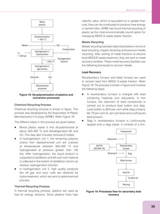 Waste to Resources
39
caloriﬁc value, which is equivalent to or greater than
coal, they can be combusted to produce heat energy
in cement kilns. APME has found thermal recycling of
plastic as the most environmentally sound option for
managing WEEE/ E-waste plastic fraction.
Metals Recycling
Metals recycling has been described below in terms of
lead recycling, copper recycling and precious metals
recycling. After sorting of metal fractions at second
level WEEE/E-waste treatment, they are sent to metal
recovery facilities. These metal recovery facilities use
the following processes to recover metals.
Lead Recovery
Reverberatory furnace and blast furnace are used
to recover lead from WEEE/ E-waste fraction. Refer
Figure 19. The process is shown in ﬁgure and involves
the following steps:
A reverberatory furnace is charged with lead
containing materials and reductants. In this
furnace, the reduction of lead compounds is
carried out to produce lead bullion and slag.
Lead bullion is 99.9 per cent while slag contains
lead product.
Slag in reverberatory furnace is continuously
tapped onto a slag caster. It consists of a thin,
Mixed
plastics
Depolymerization
< 400 °C
Hydrogenation 1
(liquid phase)
Hydrogenation
bitumen
Hydrogenation 2
(gas phase)
Petrochemical
processes
Metals HCL
Condensation
H
< 100 bar
2
<450 °C
Synerude Gas
Figure 18: De-polymerization of plastics and
conversion processes
Chemical Recycling Process
Chemical recycling process is shown in ﬁgure. This
process was developed by the Association of Plastic
Figure 18.
The different steps in this process are given below.
Mixed plastic waste is ﬁrst de-polymerized at
In hydrogenation unit 1, the remaining polymer
chains from depolymerized unit are cracked
at temperatures between 350–400 °C and
hydrogenated at pressure greater than 100
bar. After hydrogenation, the liquid product is
subjected to distillation and left over inert material
is collected in the bottom of distillation column as
residue, hydrogenation bitumen.
In hydrogenation unit 2, high quality products
like off gas and sync rude are obtained by
hydro-treatment, which are sent to petrochemical
process.
Thermal Recycling Process
In thermal recycling process, plastics are used as
fuel for energy recovery. Since plastics have high
Figure 19: Processes ﬂow for secondary lead
recovery
Preteatment
Reverberatory
furnace
Blast furnace
Hard Pb
Relining
Soft Pb
(99.98% Pb)
Reductant
SlagReductant
75–85% Pb
 