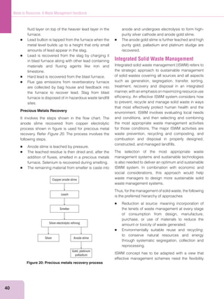 40
Waste to Resources: A Waste Management Handbook
ﬂuid layer on top of the heavier lead layer in the
furnace.
Lead bullion is tapped from the furnace when the
metal level builds up to a height that only small
amounts of lead appear in the slag.
Lead is recovered from the slag by charging it
in blast furnace along with other lead containing
materials and ﬂuxing agents like iron and
limestone.
Hard lead is recovered from the blast furnace.
Flue gas emissions from reverberatory furnace
are collected by bag house and feedback into
the furnace to recover lead. Slag from blast
furnace is disposed of in hazardous waste landﬁll
sites.
Precious Metals Recovery
It involves the steps shown in the ﬂow chart. The
anode slime recovered from copper electrolytic
process shown in ﬁgure is used for precious metal
recovery. Refer Figure 20. The process involves the
following steps.
Anode slime is leached by pressure.
The leached residue is then dried and, after the
addition of ﬂuxes, smelted in a precious metals
furnace. Selenium is recovered during smelting.
The remaining material from smelter is caste into
anode and undergoes electrolysis to form high-
purity silver cathode and anode gold slime.
The anode gold slime is further leached and high
purity gold, palladium and platinum sludge are
recovered.
Integrated Solid Waste Management
the strategic approach to sustainable management
of solid wastes covering all sources and all aspects
such as generation, segregation, transfer, sorting,
treatment, recovery and disposal in an integrated
manner, with an emphasis on maximizing resource use
efﬁciency. An effective ISWM system considers how
to prevent, recycle and manage solid waste in ways
that most effectively protect human health and the
environment. ISWM involves evaluating local needs
and conditions, and then selecting and combining
the most appropriate waste management activities
for those conditions. The major ISWM activities are
waste prevention, recycling and composting, and
combustion and disposal in properly designed,
constructed, and managed landﬁlls.
The selection of the most appropriate waste
management systems and sustainable technologies
is also needed to deliver an optimum and sustainable
ISWM system. In combination with economic and
social considerations, this approach would help
waste managers to design more sustainable solid
waste management systems.
Thus, for the management of solid waste, the following
is the preferred hierarchy of approaches
Reduction at source: meaning incorporation of
the tenets of waste management at every stage
of consumption from design, manufacture,
purchase, or use of materials to reduce the
amount or toxicity of waste generated.
Environmentally suitable reuse and recycling:
to conserve natural resources and energy
through systematic segregation, collection and
reprocessing.
ISWM concept has to be adapted with a view that
effective management schemes need the ﬂexibility
Silver electrolytic refining
Smelter
Leach
Copper anode slime
Silver Anode slime
Gold, platinum
palladium
Figure 20: Precious metals recovery process
 