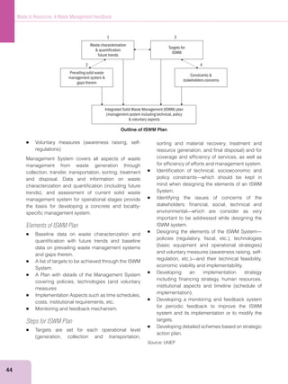 44
Waste to Resources: A Waste Management Handbook
Management System covers all aspects of waste
management from waste generation through
collection, transfer, transportation, sorting, treatment
and disposal. Data and information on waste
management system for operational stages provide
the basis for developing a concrete and locality-
speciﬁc management system.
Elements of ISWM Plan
Baseline data on waste characterization and
quantiﬁcation with future trends and baseline
data on prevailing waste management systems
and gaps therein.
	 A list of targets to be achieved through the ISWM
System.
	 A Plan with details of the Management System
measures
	 Implementation Aspects such as time schedules,
costs, institutional requirements, etc.
	 Monitoring and feedback mechanism.
Steps for ISWM Plan
Targets are set for each operational level
sorting and material recovery, treatment and
coverage and efﬁciency of services, as well as
for efﬁciency of efforts and management system.
Identiﬁcation of technical, socioeconomic and
policy constraints—which should be kept in
mind when designing the elements of an ISWM
System.
Identifying the issues of concerns of the
stakeholders: ﬁnancial, social, technical and
environmental—which are consider as very
important to be addressed while designing the
ISWM system.
Designing the elements of the ISWM System—
economic viability and implementability.
Developing an implementation strategy
including ﬁnancing strategy, human resources,
Developing a monitoring and feedback system
for periodic feedback to improve the ISWM
system and its implementation or to modify the
targets.
Developing detailed schemes based on strategic
action plan.
Source: UNEP
Waste characterization
& quantification
future trends
Integrated Solid Waste Management (ISWM) plan
(management system including technical, policy
& voluntary aspects
Prevailing solid waste
management system &
gaps therein
Constraints &
stakeholders concerns
Targets for
ISWM
1
2 4
3
Outline of ISWM Plan
 