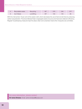66
Waste to Resources: A Waste Management Handbook
5 Recyclable waste Recycling MT 279 245 377
6 Inert Waste Landﬁlling MT 100 120 85
With this intervention 10 per cent of the waste is left, which decreases the use of land at site there by reducing
carbon sequestration. Practices followed help to segregate waste at source and improved collection efﬁciency.
Regular housekeeping measures kept the place clean and unwanted insects like mosquitos are controlled.
For more information, please contact:
Mr Ashok Bhataia; Email: ashok.bhataia@lavasa.com
 