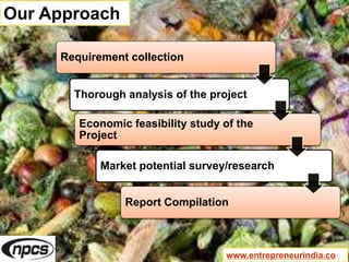 Our Approach
Requirement collection
Thorough analysis of the project
Economic feasibility study of the
Project
Market potential survey/research
Report Compilation
www.entrepreneurindia.co
 