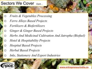 Sectors We Cover Cont…
o Fruits & Vegetables Processing
o Ferro Alloys Based Projects
o Fertilizers & Biofertilizers
o Ginger & Ginger Based Projects
o Herbs And Medicinal Cultivation And Jatropha (Biofuel)
o Hotel & Hospitability Projects
o Hospital Based Projects
o Herbal Based Projects
o Inks, Stationery And Export Industries
www.entrepreneurindia.co
 