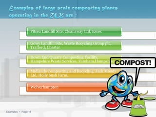 Pitsea Landfill Site, Cleanaway Ltd, Essex


                 Gowy Landfill Site, Waste Recycling Group plc,
                 Trafford, Chester

                 Down End Quarry Composting Facility,
                 Hampshire Waste Services, Fareham,Hampshire

                 Midlands Composting and Recycling, Jack Moody
                 Ltd, Holly bush Farm,


                 Wolverhampton




Examples  Page 18
 