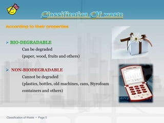 
            Can be degraded
            (paper, wood, fruits and others)



            Cannot be degraded
            (plastics, bottles, old machines, cans, Styrofoam
            containers and others)




Classification of Waste  Page 5
 