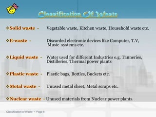 Vegetable waste, Kitchen waste, Household waste etc.

                                   Discarded electronic devices like Computer, T.V,
                                   Music systems etc.

                                   Water used for different Industries e.g. Tanneries,
                                   Distilleries, Thermal power plants

                                   Plastic bags, Bottles, Buckets etc.

                                   Unused metal sheet, Metal scraps etc.

                                   Unused materials from Nuclear power plants.

Classification of Waste  Page 6
 