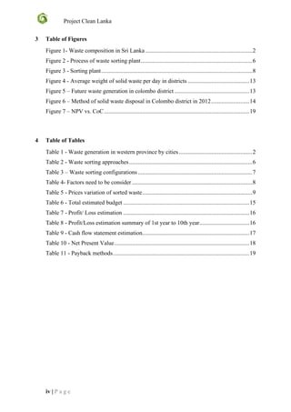 Project Clean Lanka
iv | P a g e
3 Table of Figures
Figure 1- Waste composition in Sri Lanka.........................................................................2
Figure 2 - Process of waste sorting plant............................................................................6
Figure 3 - Sorting plant.......................................................................................................8
Figure 4 - Average weight of solid waste per day in districts ..........................................13
Figure 5 – Future waste generation in colombo district ...................................................13
Figure 6 – Method of solid waste disposal in Colombo district in 2012..........................14
Figure 7 – NPV vs. CoC...................................................................................................19
4 Table of Tables
Table 1 - Waste generation in western province by cities..................................................2
Table 2 - Waste sorting approaches....................................................................................6
Table 3 – Waste sorting configurations..............................................................................7
Table 4- Factors need to be consider ..................................................................................8
Table 5 - Prices variation of sorted waste...........................................................................9
Table 6 - Total estimated budget ......................................................................................15
Table 7 - Profit/ Loss estimation ......................................................................................16
Table 8 - Profit/Loss estimation summary of 1st year to 10th year..................................16
Table 9 - Cash flow statement estimation.........................................................................17
Table 10 - Net Present Value............................................................................................18
Table 11 - Payback methods.............................................................................................19
 