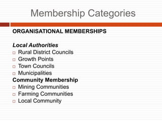 Membership Categories
ORGANISATIONAL MEMBERSHIPS
Local Authorities
? Rural District Councils
? Growth Points
? Town Councils
? Municipalities
Community Membership
? Mining Communities
? Farming Communities
? Local Community
 