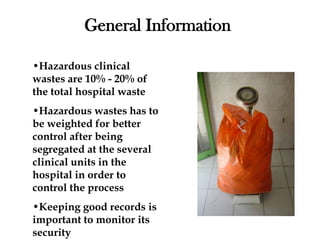 3- All healthcare staff should be aware of the facility’s basic healthcare waste management plan and their role in the plan. This includes management and regulatory staff, medical doctors, nurses and nursing assistants, cleaners, waste handlers, and visitors to the facility.4- Facility managers should ensure that this plan is in place, with adequate budget and personnel to implement it.5-Implementation of the healthcare waste management plan and routine monitoring should be carried out in parallel with the information/training program.