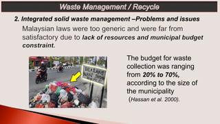 2. Integrated solid waste management –Problems and issues
The budget for waste
collection was ranging
from 20% to 70%,
according to the size of
the municipality
(Hassan et al. 2000).
 