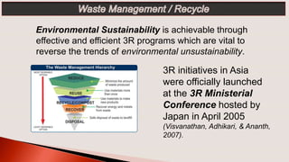 Environmental Sustainability is achievable through
effective and efficient 3R programs which are vital to
reverse the trends of environmental unsustainability.
3R initiatives in Asia
were officially launched
at the 3R Ministerial
Conference hosted by
Japan in April 2005
(Visvanathan, Adhikari, & Ananth,
2007).
 