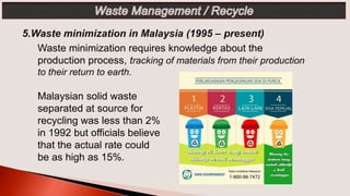 Waste minimization requires knowledge about the
production process, tracking of materials from their production
to their return to earth.
Malaysian solid waste
separated at source for
recycling was less than 2%
in 1992 but officials believe
that the actual rate could
be as high as 15%.
 