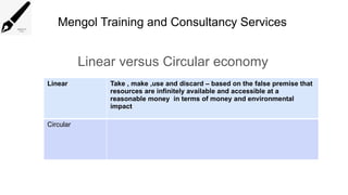Mengol Training and Consultancy Services
Linear versus Circular economy
Linear Take , make ,use and discard – based on the false premise that
resources are infinitely available and accessible at a
reasonable money in terms of money and environmental
impact
Circular
 