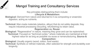 Mengol Training and Consultancy Services
Key principles distinguishing them include:
Lifecycle & Metabolism:
Biological: Derived from nature and returned to it via composting or anaerobic
digestion, acting as nutrients.
Technical: Man-made materials (plastics, alloys) that do not safely degrade; they
require industrial processing (recycling, refurbishing) to retain value.
Regeneration vs. Reuse:
Biological: "Regenerative" in nature, meaning they grow and can be replenished.
Technical: Focused on "technical cycles," where materials are maintained at their
highest value for as long as possible via reuse or remanufacturing. Source &
Composition:
Biological: Usually organic (wood, cotton, food waste).
Technical: Synthetic or refined materials, often selected for strength and durability over
longevity.
 