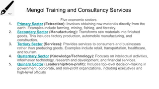 Mengol Training and Consultancy Services
Five economic sectors
1. Primary Sector (Extraction): Involves obtaining raw materials directly from the
earth. Examples include farming, mining, fishing, and forestry.
2. Secondary Sector (Manufacturing): Transforms raw materials into finished
goods. This includes factory production, automobile manufacturing, and
construction.
3. Tertiary Sector (Services): Provides services to consumers and businesses
rather than producing goods. Examples include retail, transportation, healthcare,
and tourism.
4. Quaternary Sector (Knowledge/Technology): Focuses on intellectual activities,
information technology, research and development, and financial services.
5. Quinary Sector (Leadership/Non-profit): Includes top-level decision-making in
government, corporate, and non-profit organizations, including executives and
high-level officials
 