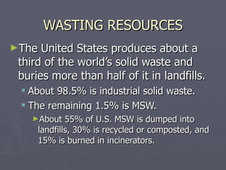 WASTING RESOURCES The United States produces about a third of the world’s solid waste and buries more than half of it in landfills. About 98.5% is industrial solid waste. The remaining 1.5% is MSW. About 55% of U.S. MSW is dumped into landfills, 30% is recycled or composted, and 15% is burned in incinerators. 