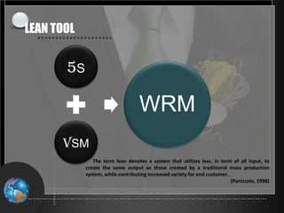 24-May-21 8
LEAN TOOL
5S
VSM
WRM
The term lean denotes a system that utilizes less, in term of all input, to
create the same output as those created by a traditional mass production
system, while contributing increased variety for end customer.
(Panizzolo, 1998)
 