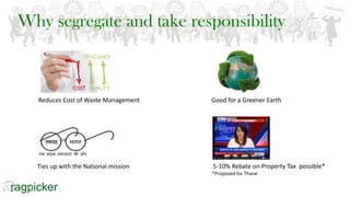 Why segregate and take responsibility
Ties up with the National mission 5-10% Rebate on Property Tax possible*
*Proposed for Thane
Reduces Cost of Waste Management Good for a Greener Earth
 