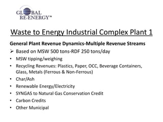 Waste to Energy Industrial Complex Plant 1
General Plant Revenue Dynamics-Multiple Revenue Streams
 Based on MSW 500 tons-RDF 250 tons/day
• MSW tipping/weighing
• Recycling Revenues: Plastics, Paper, OCC, Beverage Containers,
Glass, Metals (Ferrous & Non-Ferrous)
• Char/Ash
• Renewable Energy/Electricity
• SYNGAS to Natural Gas Conservation Credit
• Carbon Credits
• Other Municipal
 
