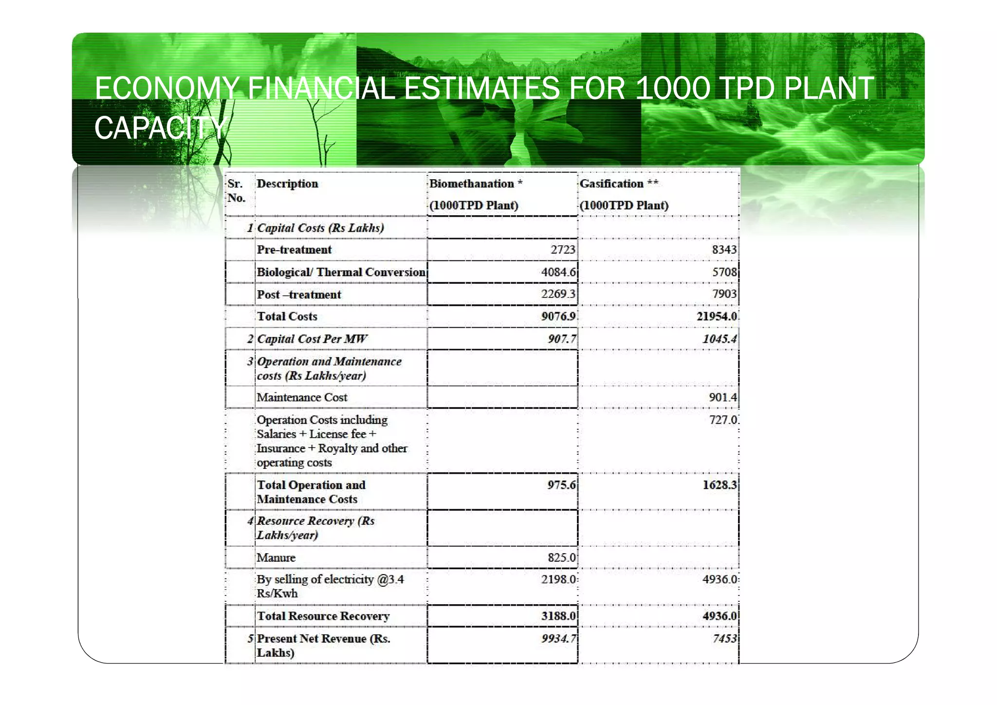 ECONOMY FINANCIAL ESTIMATES FOR 1000 TPD PLANT
CAPACITY
 