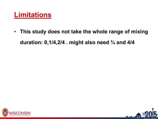 Limitations
• This study does not take the whole range of mixing
duration: 0,1/4,2/4 . might also need ¾ and 4/4
20
17
 