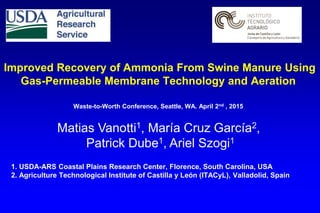 Improved Recovery of Ammonia From Swine Manure Using
Gas-Permeable Membrane Technology and Aeration
Waste-to-Worth Conference, Seattle, WA. April 2nd , 2015
1. USDA-ARS Coastal Plains Research Center, Florence, South Carolina, USA
2. Agriculture Technological Institute of Castilla y León (ITACyL), Valladolid, Spain
Matias Vanotti1, María Cruz García2,
Patrick Dube1, Ariel Szogi1
 
