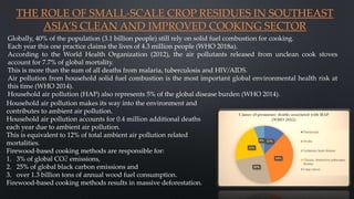 THE ROLE OF SMALL-SCALE CROP RESIDUES IN SOUTHEAST
ASIA’S CLEAN AND IMPROVED COOKING SECTOR
Globally, 40% of the population (3.1 billion people) still rely on solid fuel combustion for cooking.
Each year this one practice claims the lives of 4.3 million people (WHO 2018a).
According to the World Health Organization (2012), the air pollutants released from unclean cook stoves
account for 7.7% of global mortality.
This is more than the sum of all deaths from malaria, tuberculosis and HIV/AIDS.
Air pollution from household solid fuel combustion is the most important global environmental health risk at
this time (WHO 2014).
Household air pollution (HAP) also represents 5% of the global disease burden (WHO 2014).
28
Household air pollution makes its way into the environment and
contributes to ambient air pollution.
Household air pollution accounts for 0.4 million additional deaths
each year due to ambient air pollution.
This is equivalent to 12% of total ambient air pollution related
mortalities.
Firewood-based cooking methods are responsible for:
1. 3% of global CO2 emissions,
2. 25% of global black carbon emissions and
3. over 1.3 billion tons of annual wood fuel consumption.
Firewood-based cooking methods results in massive deforestation.
 