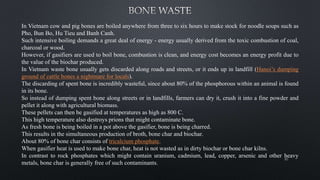 In Vietnam cow and pig bones are boiled anywhere from three to six hours to make stock for noodle soups such as
Pho, Bun Bo, Hu Tieu and Banh Canh.
Such intensive boiling demands a great deal of energy - energy usually derived from the toxic combustion of coal,
charcoal or wood.
However, if gasifiers are used to boil bone, combustion is clean, and energy cost becomes an energy profit due to
the value of the biochar produced.
In Vietnam waste bone usually gets discarded along roads and streets, or it ends up in landfill (Hanoi’s dumping
ground of cattle bones a nightmare for locals).
The discarding of spent bone is incredibly wasteful, since about 80% of the phosphorous within an animal is found
in its bone.
So instead of dumping spent bone along streets or in landfills, farmers can dry it, crush it into a fine powder and
pellet it along with agricultural biomass.
These pellets can then be gasified at temperatures as high as 800 C.
This high temperature also destroys prions that might contaminate bone.
As fresh bone is being boiled in a pot above the gasifier, bone is being charred.
This results in the simultaneous production of broth, bone char and biochar.
About 80% of bone char consists of tricalcium phosphate.
When gasifier heat is used to make bone char, heat is not wasted as in dirty biochar or bone char kilns.
In contrast to rock phosphates which might contain uranium, cadmium, lead, copper, arsenic and other heavy
metals, bone char is generally free of such contaminants.
80
 
