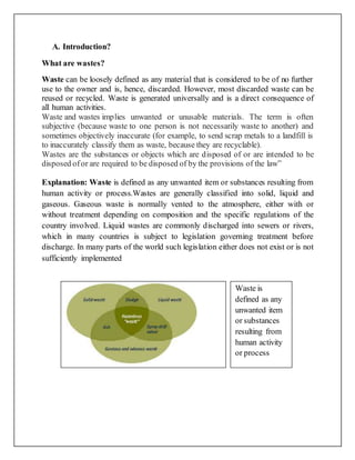 A. Introduction?
What are wastes?
Waste can be loosely defined as any material that is considered to be of no further
use to the owner and is, hence, discarded. However, most discarded waste can be
reused or recycled. Waste is generated universally and is a direct consequence of
all human activities.
Waste and wastes implies unwanted or unusable materials. The term is often
subjective (because waste to one person is not necessarily waste to another) and
sometimes objectively inaccurate (for example, to send scrap metals to a landfill is
to inaccurately classify them as waste, because they are recyclable).
Wastes are the substances or objects which are disposed of or are intended to be
disposed ofor are required to be disposed of by the provisions of the law”
Explanation: Waste is defined as any unwanted item or substances resulting from
human activity or process.Wastes are generally classified into solid, liquid and
gaseous. Gaseous waste is normally vented to the atmosphere, either with or
without treatment depending on composition and the specific regulations of the
country involved. Liquid wastes are commonly discharged into sewers or rivers,
which in many countries is subject to legislation governing treatment before
discharge. In many parts of the world such legislation either does not exist or is not
sufficiently implemented
Waste is
defined as any
unwanted item
or substances
resulting from
human activity
or process
 