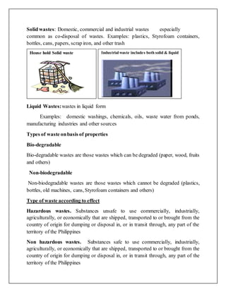 Solid wastes: Domestic, commercial and industrial wastes especially
common as co-disposal of wastes. Examples: plastics, Styrofoam containers,
bottles, cans, papers, scrap iron, and other trash
Liquid Wastes:wastes in liquid form
Examples: domestic washings, chemicals, oils, waste water from ponds,
manufacturing industries and other sources
Types of waste onbasis of properties
Bio-degradable
Bio-degradable wastes are those wastes which can be degraded (paper, wood, fruits
and others)
Non-biodegradable
Non-biodegradable wastes are those wastes which cannot be degraded (plastics,
bottles, old machines, cans, Styrofoam containers and others)
Type of waste according to effect
Hazardous wastes. Substances unsafe to use commercially, industrially,
agriculturally, or economically that are shipped, transported to or brought from the
country of origin for dumping or disposal in, or in transit through, any part of the
territory of the Philippines
Non hazardous wastes. Substances safe to use commercially, industrially,
agriculturally, or economically that are shipped, transported to or brought from the
country of origin for dumping or disposal in, or in transit through, any part of the
territory of the Philippines
House hold Solid waste Industrial waste includes both solid & liquid
 