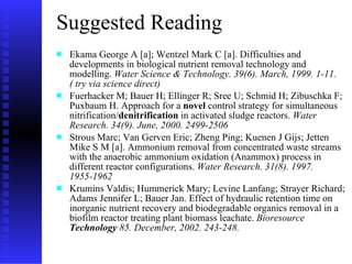 Suggested Reading Ekama George A [a]; Wentzel Mark C [a]. Difficulties and developments in biological nutrient removal technology and modelling.  Water Science & Technology. 39(6). March, 1999. 1-11. ( try via science direct)  Fuerhacker M; Bauer H; Ellinger R; Sree U; Schmid H; Zibuschka F; Puxbaum H. Approach for a  novel  control strategy for simultaneous nitrification/ denitrification  in activated sludge reactors.  Water Research. 34(9). June, 2000. 2499-2506 Strous Marc; Van Gerven Eric; Zheng Ping; Kuenen J Gijs; Jetten Mike S M [a]. Ammonium removal from concentrated waste streams with the anaerobic ammonium oxidation (Anammox) process in different reactor configurations.  Water Research. 31(8). 1997. 1955-1962 Krumins Valdis; Hummerick Mary; Levine Lanfang; Strayer Richard; Adams Jennifer L; Bauer Jan. Effect of hydraulic retention time on inorganic nutrient recovery and biodegradable organics removal in a biofilm reactor treating plant biomass leachate.  Bioresource  Technology  85. December, 2002. 243-248.  