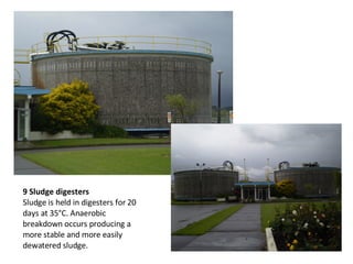 9 Sludge digesters  Sludge is held in digesters for 20 days at 35°C. Anaerobic breakdown occurs producing a more stable and more easily dewatered sludge. 